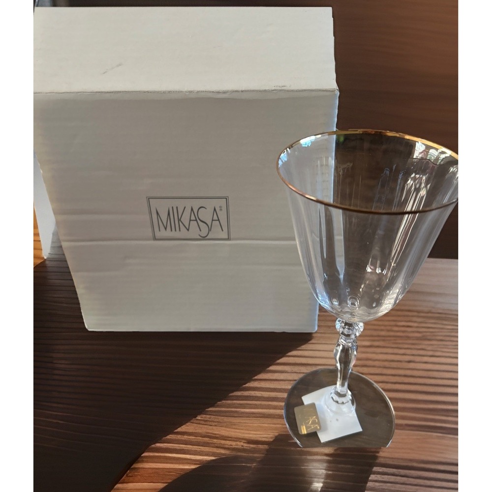 Mikasa Allegro Gold Rimmed Crystal Wine Goblets Set Of Four New In Box